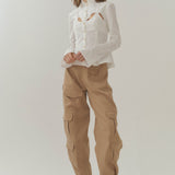 Cotton Curve Cut-Out Pleated Shirt-White