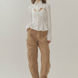 Cotton Curve Cut-Out Pleated Shirt-White