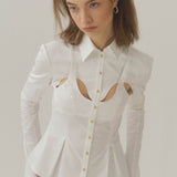 Cotton Curve Cut-Out Pleated Shirt-White