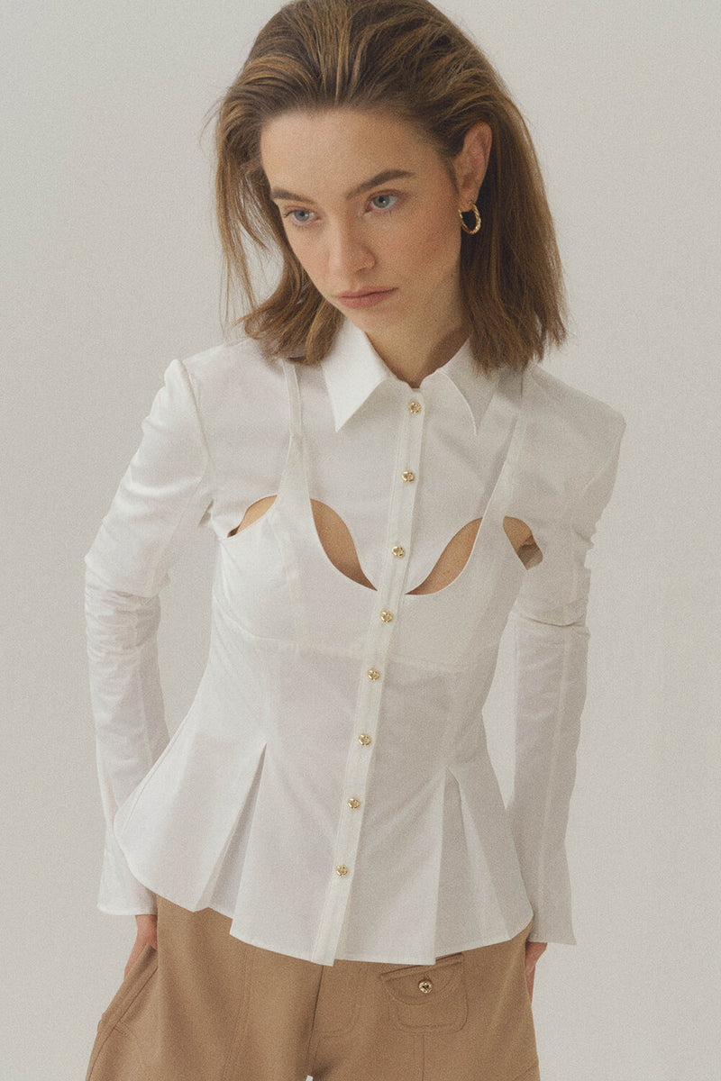 Cotton Curve Cut-Out Pleated Shirt-White