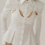 Cotton Curve Cut-Out Pleated Shirt-White