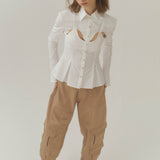 Cotton Curve Cut-Out Pleated Shirt-White