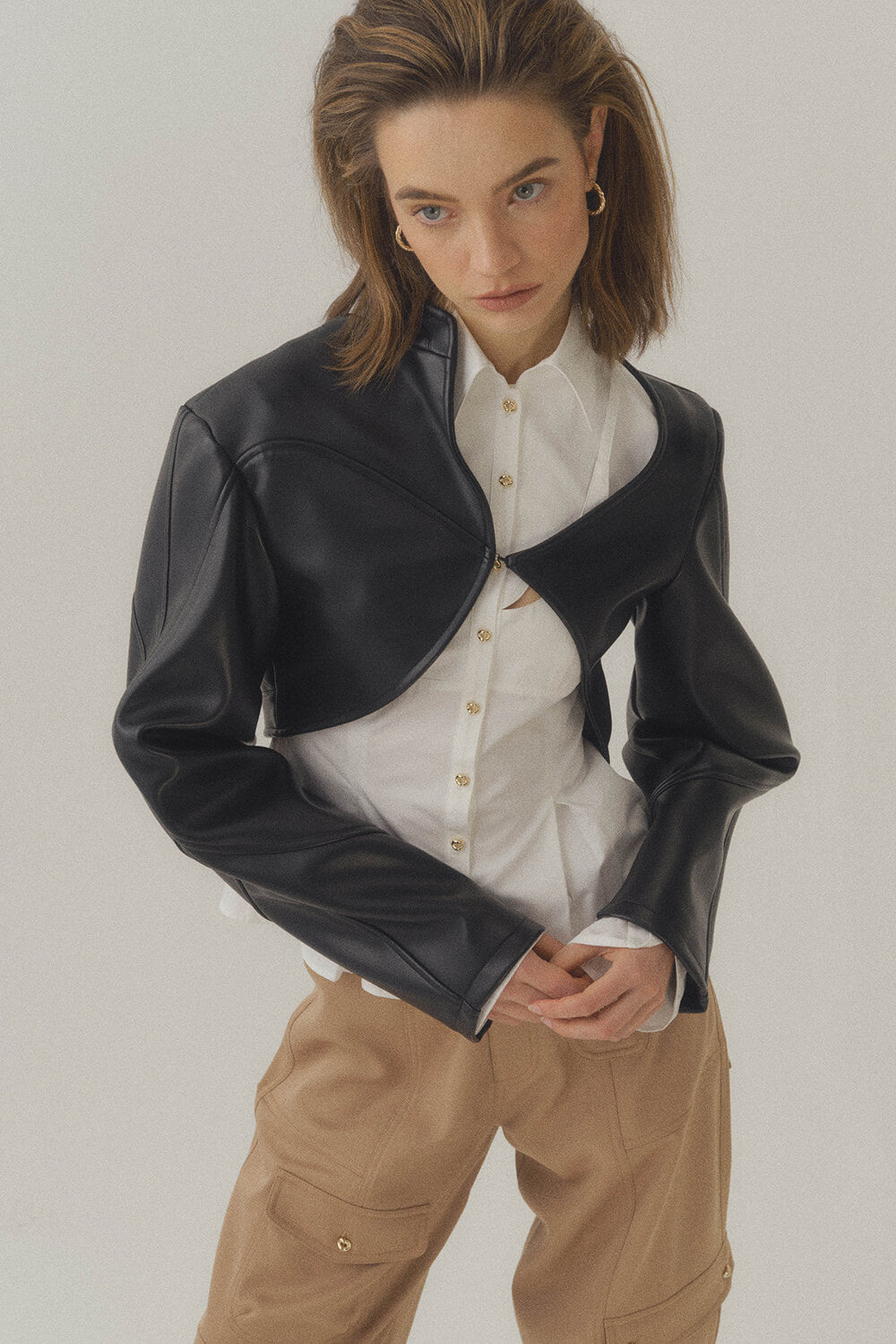 Leather Off-Shoulder Cropped Jacket HAN WEN STUDIO Leather Off-Shoulder Cropped Jacket HAN WEN STUDIO