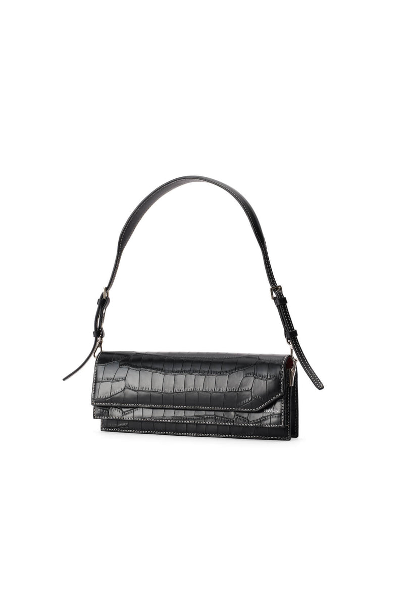 Crocodile Embossed Baguette Bag Small Black