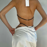 Silk Leather Strape Slits Mini Skirt