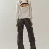 Silk Billboard Open-Back Fitted Blouse-White