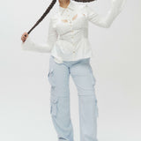 Cotton Curve Cut-Out Pleated Shirt-White