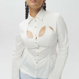 Cotton Curve Cut-Out Pleated Shirt-White