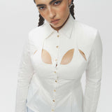 Cotton Curve Cut-Out Pleated Shirt-White