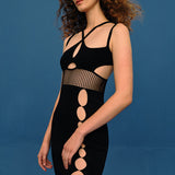 Ribbed Knit Mesh-Waist Front-Slits Midi Dress